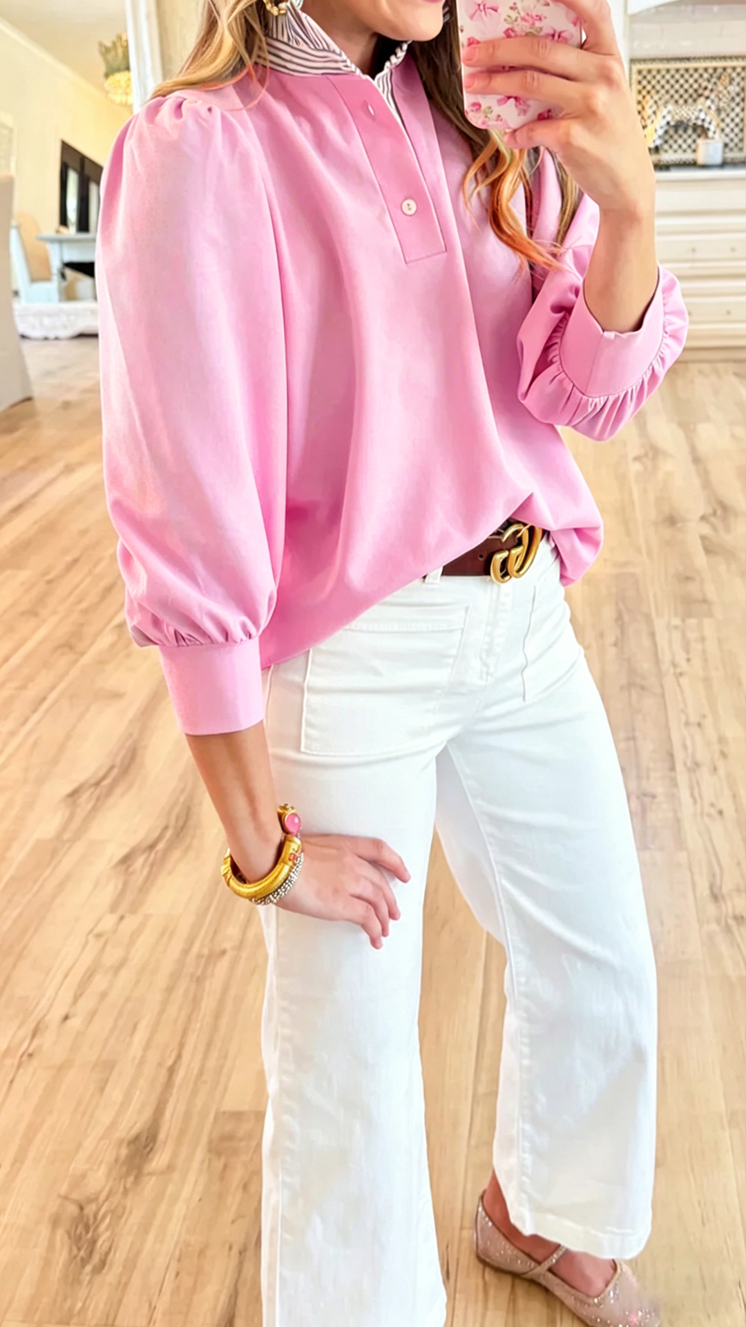 Women's  Stand Collar Color-Blocked Striped Loose Puff Sleeve Blouse