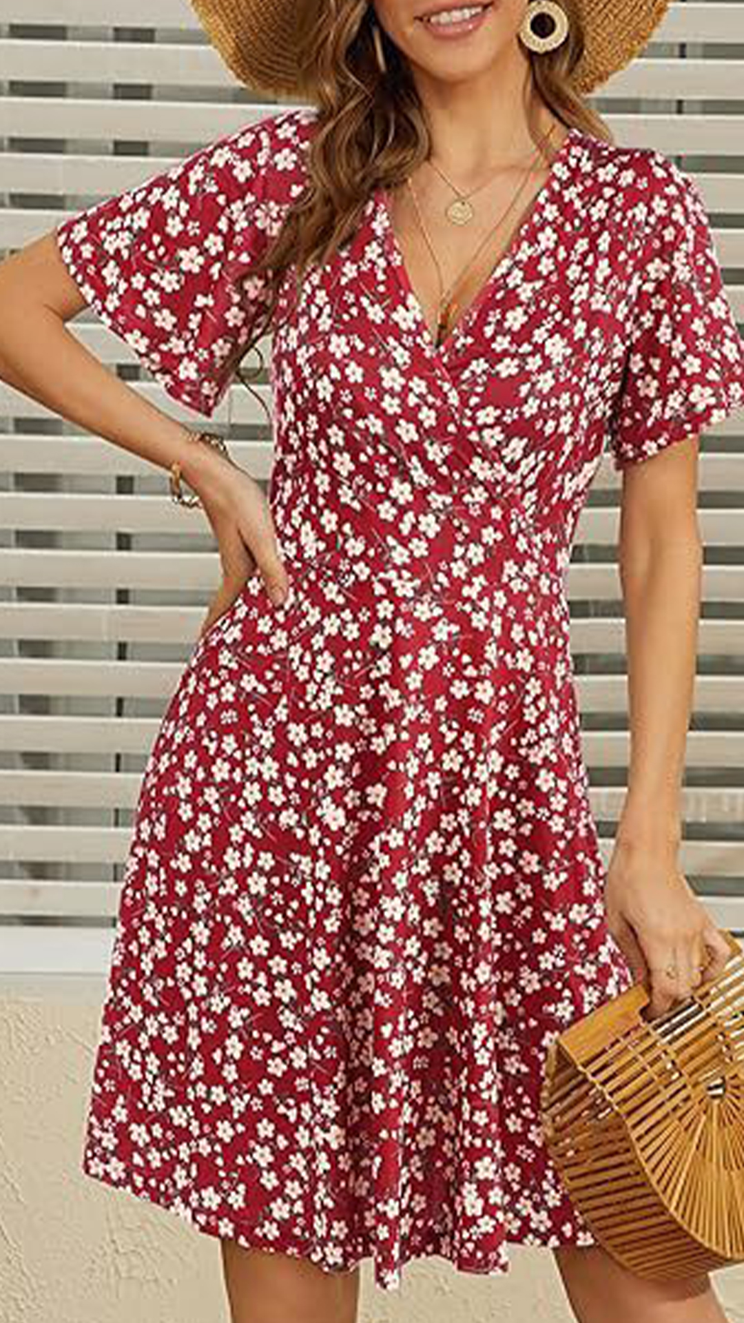Women's  V-Neck Short Sleeve Floral Waist-Cinched Slimming Polyester Mini Dress