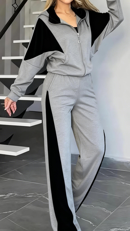 Women's Fashion Streetwear Pants Sets Bolero Top Long Sleeve Shirt Collar Solid Color Zipper Outdoor Work Casual Black Khaki Gray Fall Regular Fit