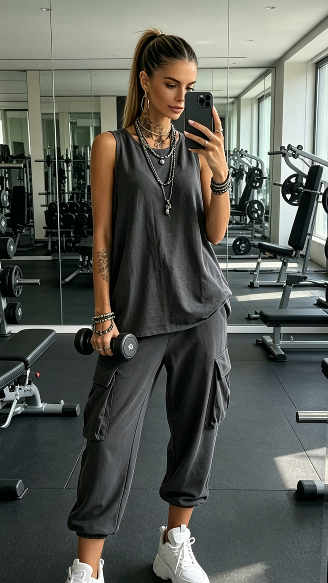 Women's Dark Grey Sleeveless Cargo Cropped Two-Piece Outfit
