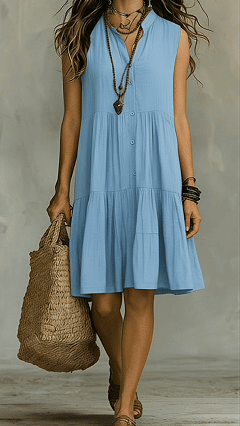 Bohemian-Style Solid-Color Sleeveless Maxi Dress with Shirt Collar