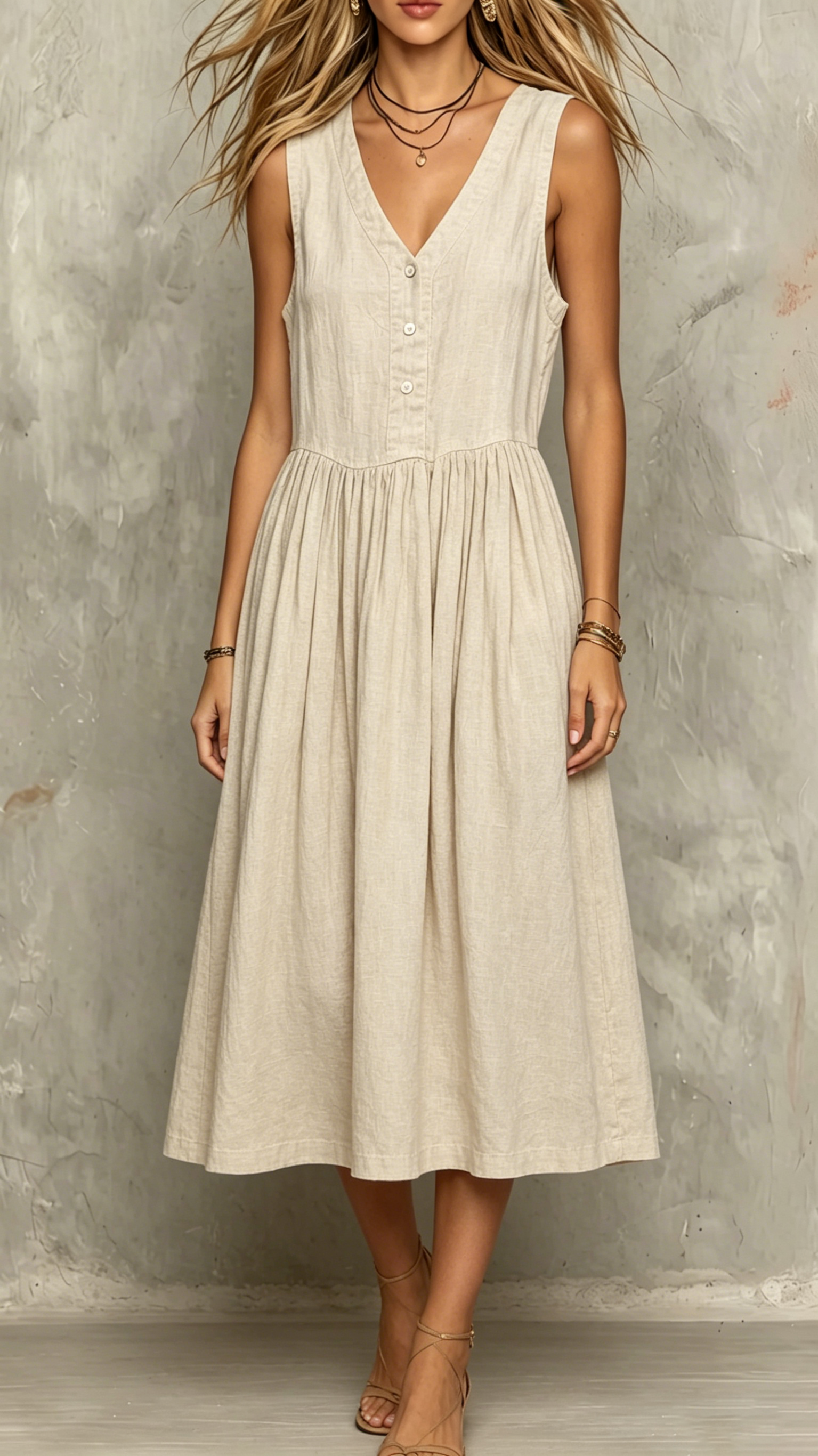 Women's Cotton-blend Stand Collar Single-breasted Long Sleeve Flared Maxi Dress
