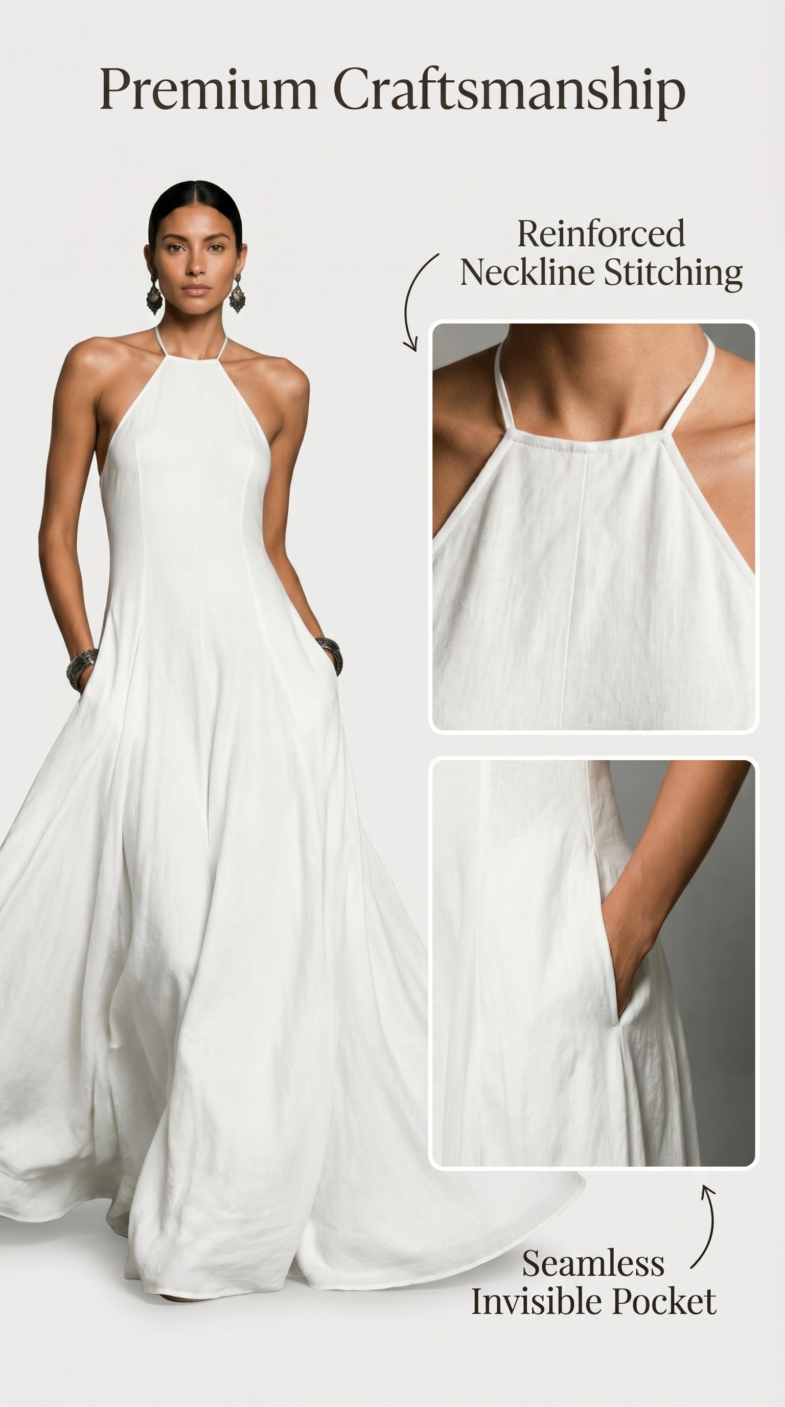 "linen-blend fabric texture of sleeveless loose waist maxi dress - breathable and skin-friendly"