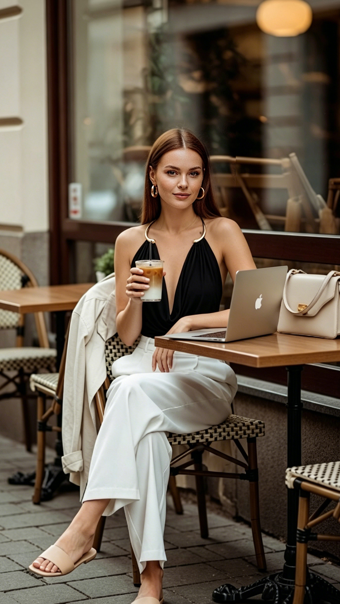 Women wearing black halter top street style outfit with white bag casual chic city fashion lookt