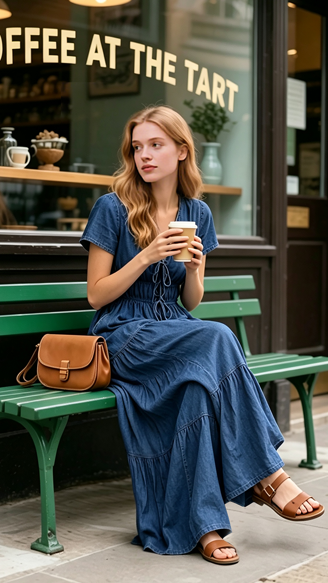 Blue denim matching set women wearing vacation outfit with straw hat casual resort fashion look