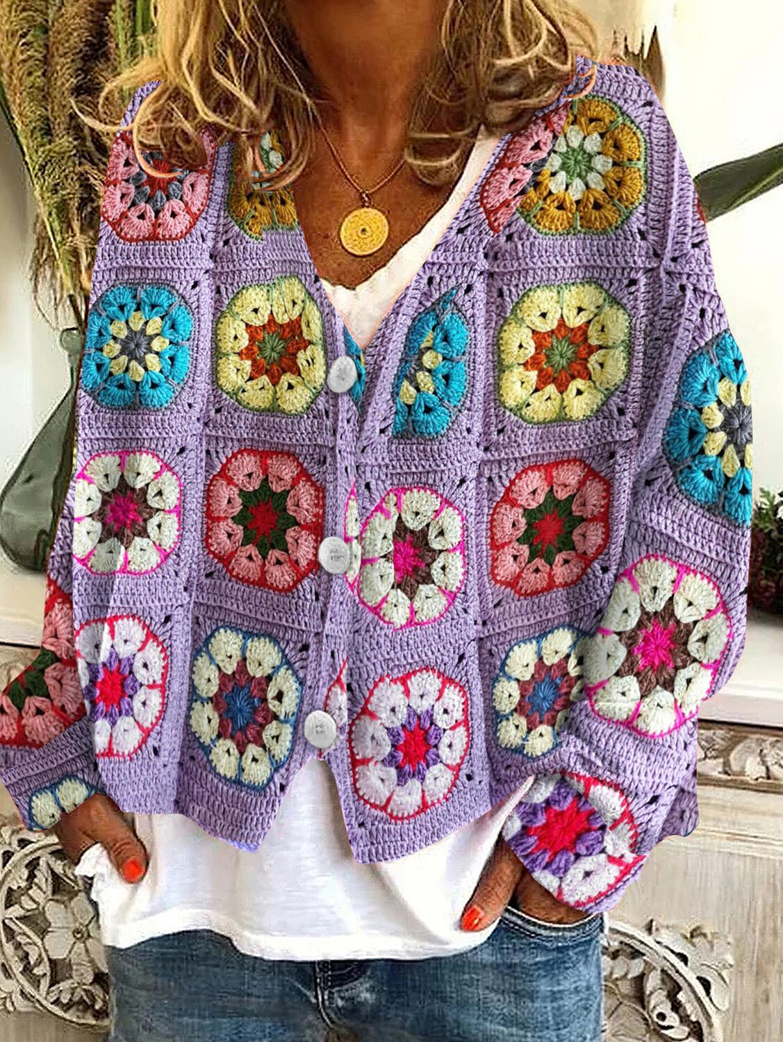 Women's casual floral pattern three-button knitted cardigan sweater