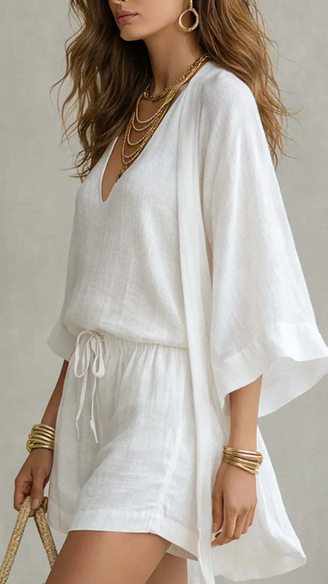 Women's Linen Blend Resort Set - Lightweight Cover Up Kimono, Tank Top & Shorts Vacation Outfit (Kimono + Tank + Shorts)