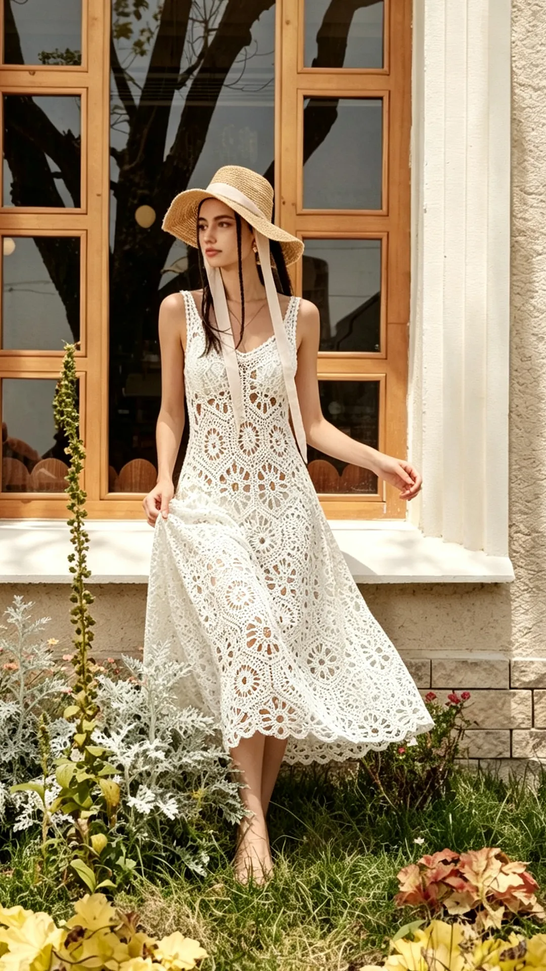 White Crochet Dress Women – Boho Lace Knit Mini Dress Sleeveless Beach Cover Up Vacation Outfit