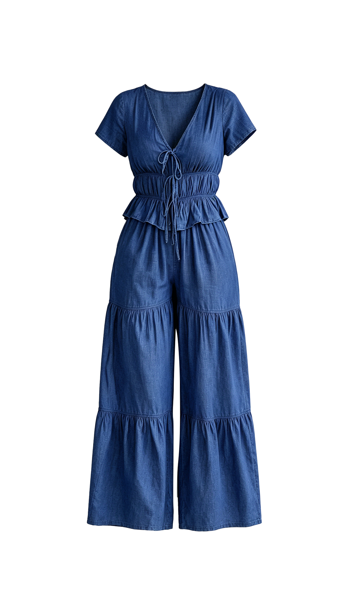 Women blue denim two piece set with short sleeve V neck top and wide leg pants matching co ord outfit summer casual fashion