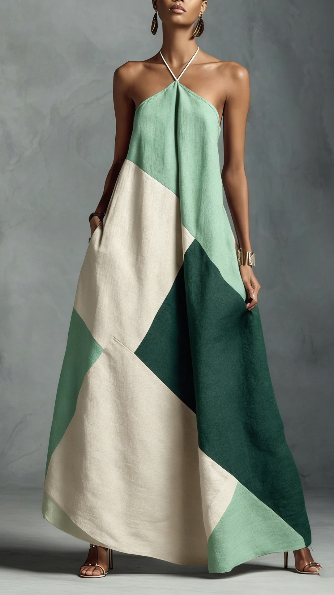 Women's color-blocked printed loose-fitting long dress