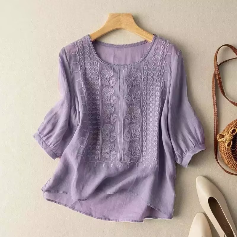 Soft Linen White Lace Embroidered Blouse Elegant 3/4 Sleeve Daily Loose Fit Top