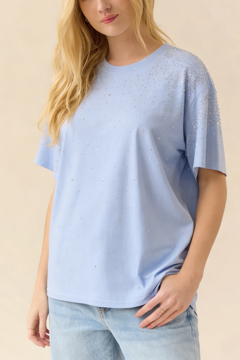 Loose-Fit T-Shirt with Shoulder Panel and Rhinestone Embellishment