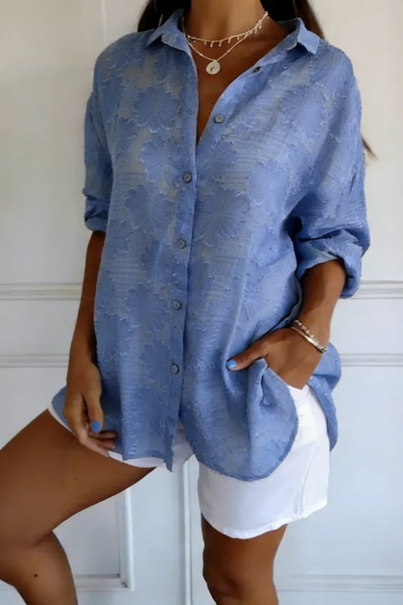 Women's Solid-Color Jacquard Long-Sleeve Shirt with Hot-Fix Rhinestones