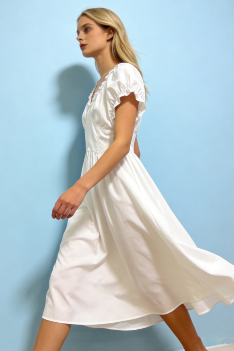 n'shi V-Neck Sleeveless Backless Dress with Cinched Waist, Paneling, and Pleats