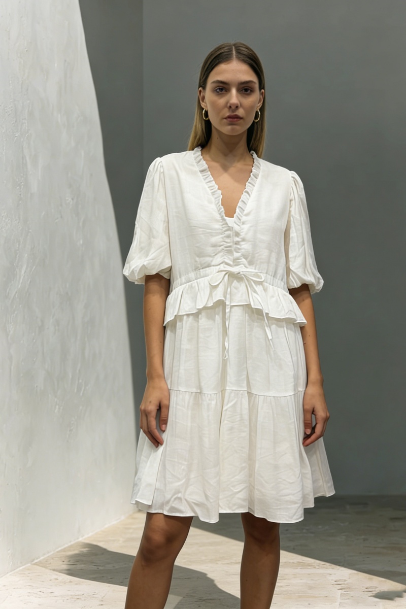 Women's V-Neck Ruffle-Trim Puff-Sleeve Drawstring Dress