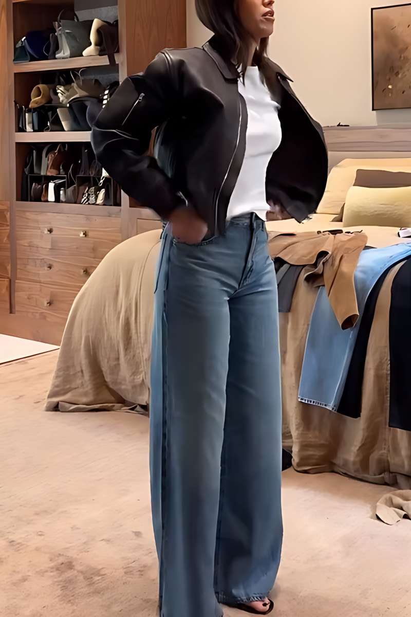 Women's simple and versatile casual straight-leg jeans