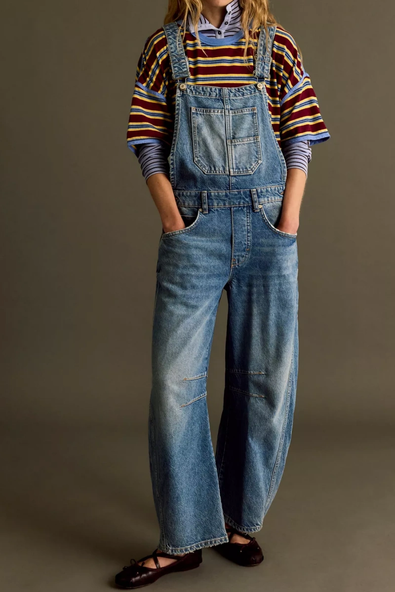 Women's casual washed loose denim overalls women's denim dungarees jumpsuit