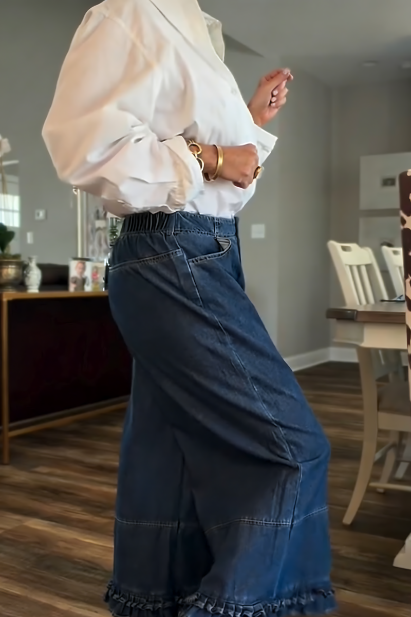 Women's fashionable casual wide-leg cropped jeans with ruffled hem