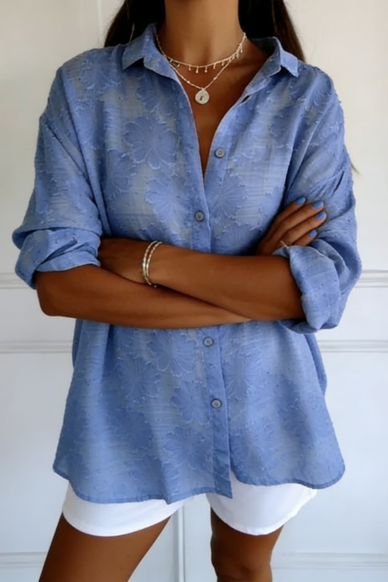 Women's Solid-Color Jacquard Long-Sleeve Shirt with Hot-Fix Rhinestones