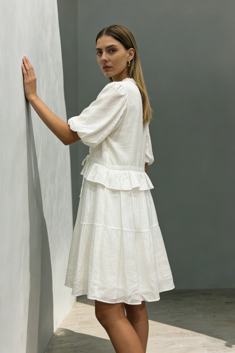 Women's V-Neck Ruffle-Trim Puff-Sleeve Drawstring Dress