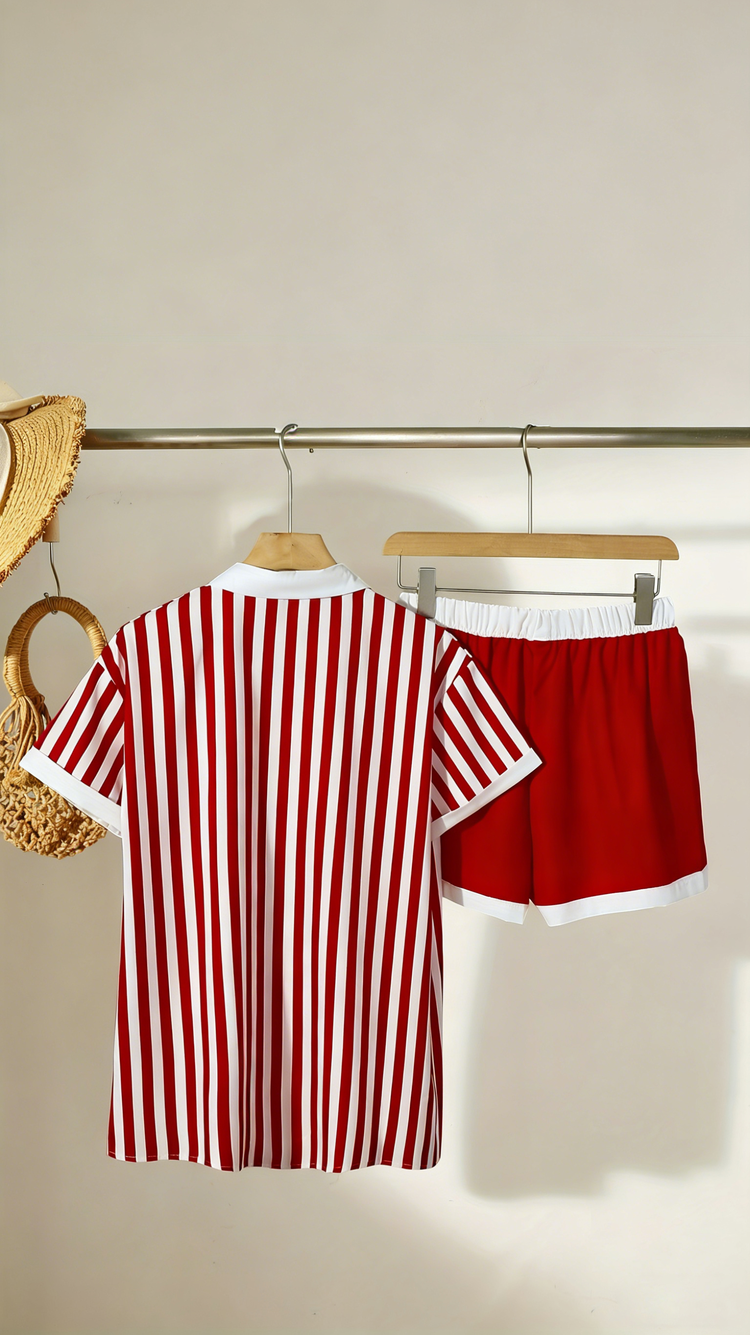 Women's Striped & Color-Block Sardine Print Set — Lapel, Button-Front, Short-Sleeve Top & Shorts