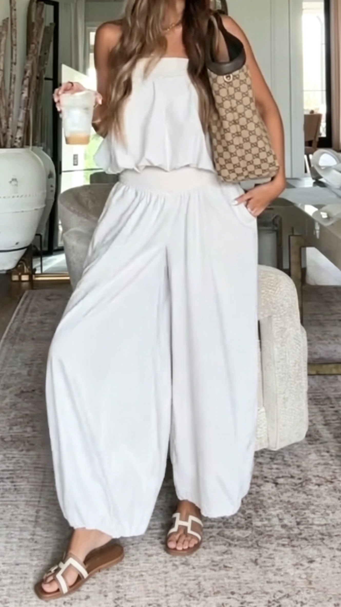 Women's White Strapless Top and Wide-Leg Pants Two-Piece Set