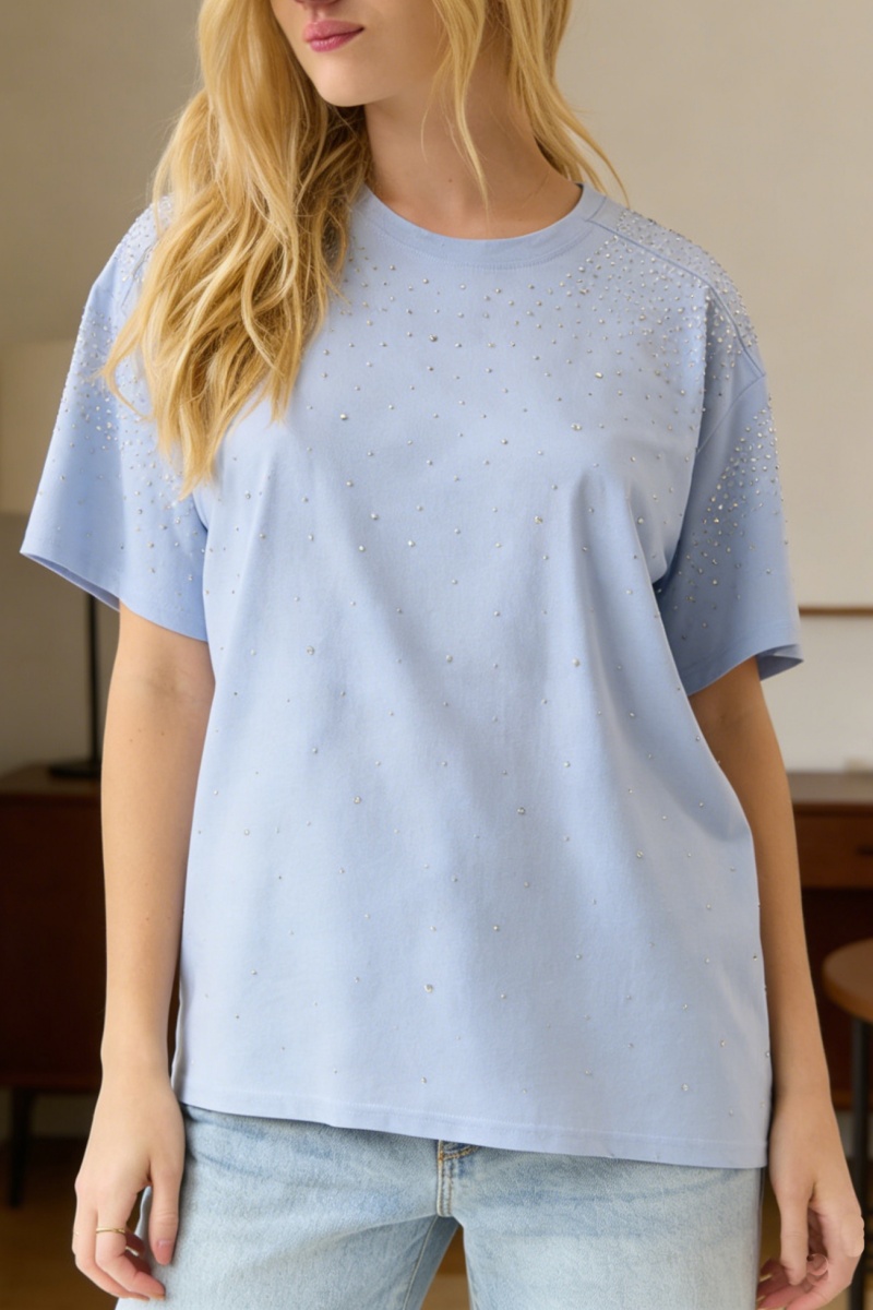 Loose-Fit T-Shirt with Shoulder Panel and Rhinestone Embellishment