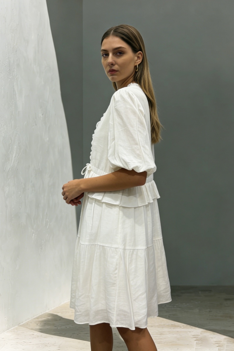 Women's V-Neck Ruffle-Trim Puff-Sleeve Drawstring Dress