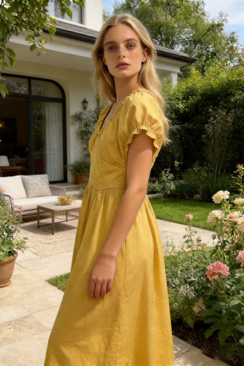 n'shi V-Neck Sleeveless Backless Dress with Cinched Waist, Paneling, and Pleats