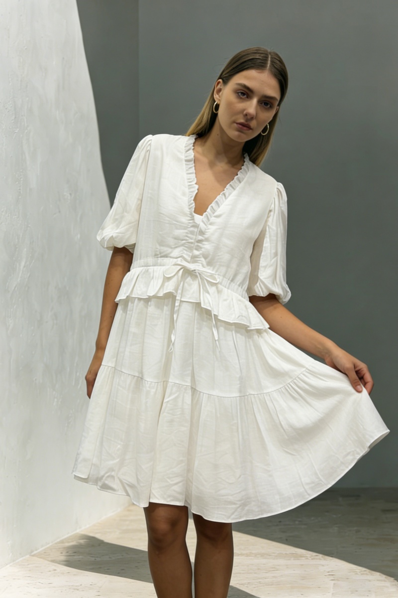 Women's V-Neck Ruffle-Trim Puff-Sleeve Drawstring Dress