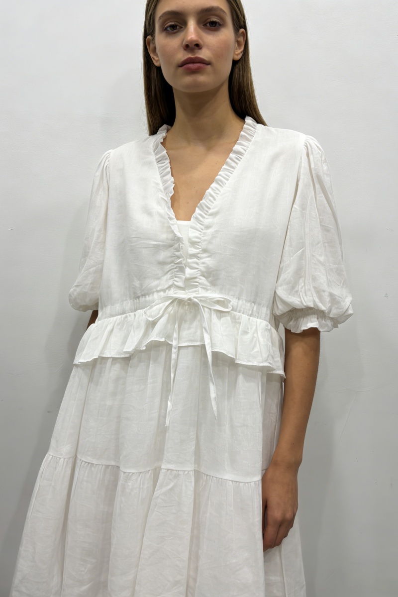 Women's V-Neck Ruffle-Trim Puff-Sleeve Drawstring Dress