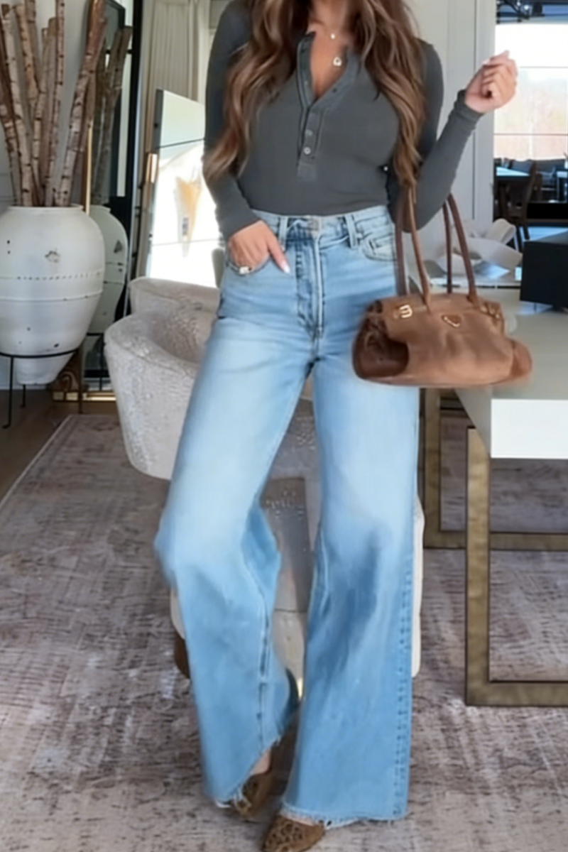 Women's casual simple and versatile straight-leg jeans