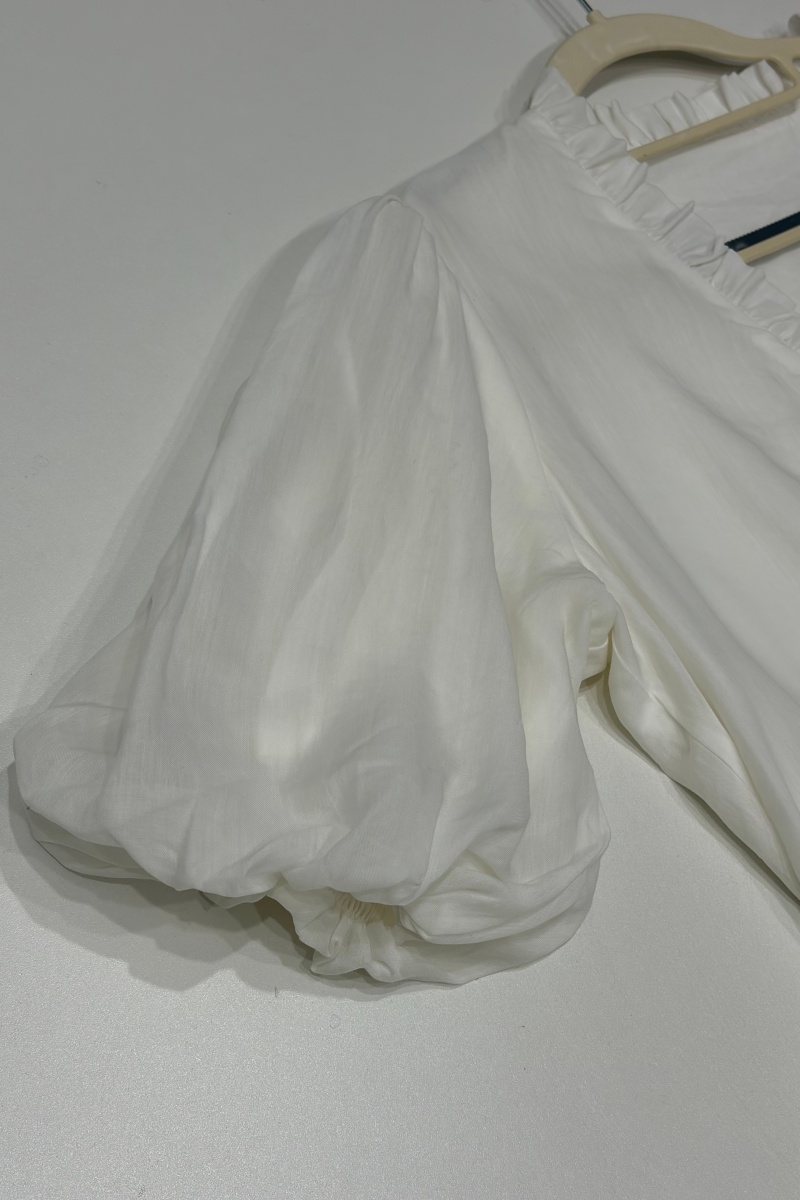 Women's V-Neck Ruffle-Trim Puff-Sleeve Drawstring Dress