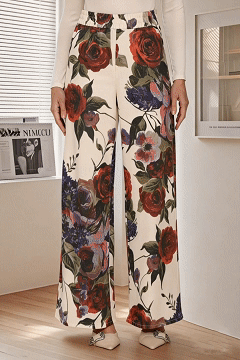 Women's personalized woven printed loose wide-leg trousers