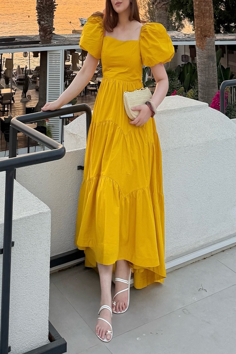 Women's Yellow Puff Sleeve Tiered High Low Maxi Dress（Pre-order payment）