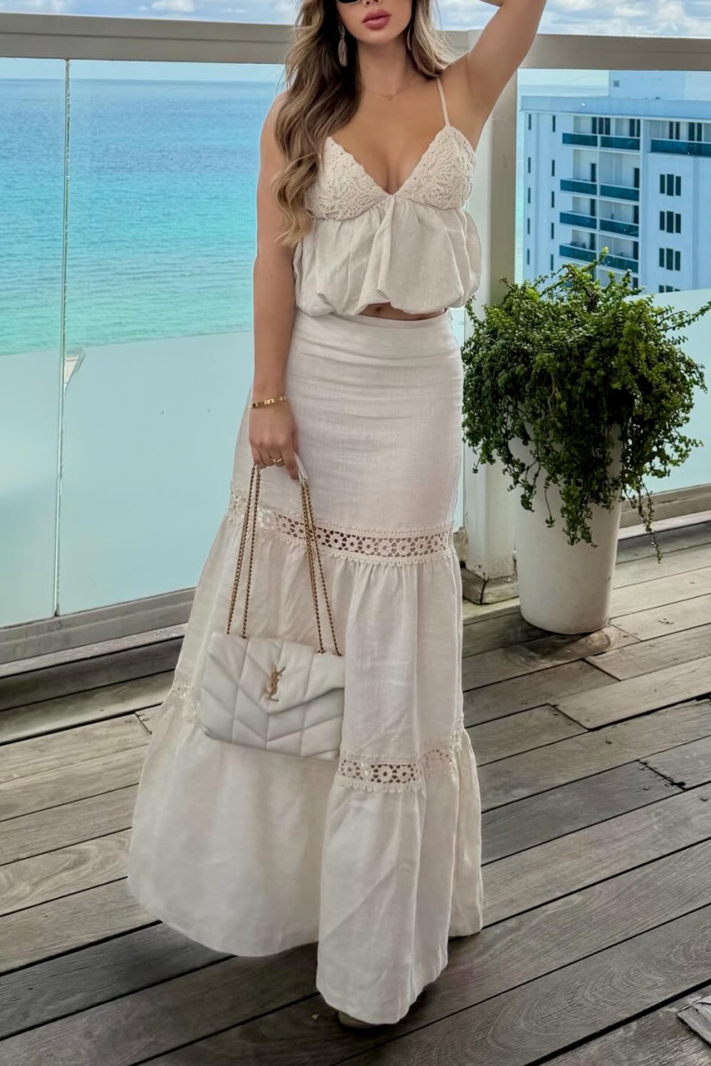 Women's summer casual two-piece set: cotton and linen blend skirt + camisole top.（Pre-order payment）