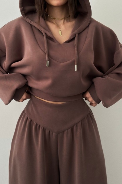 Women's New Casual Two-Piece Set: V-neck hooded long-sleeved top and high-waisted trousers (Pre-order item)