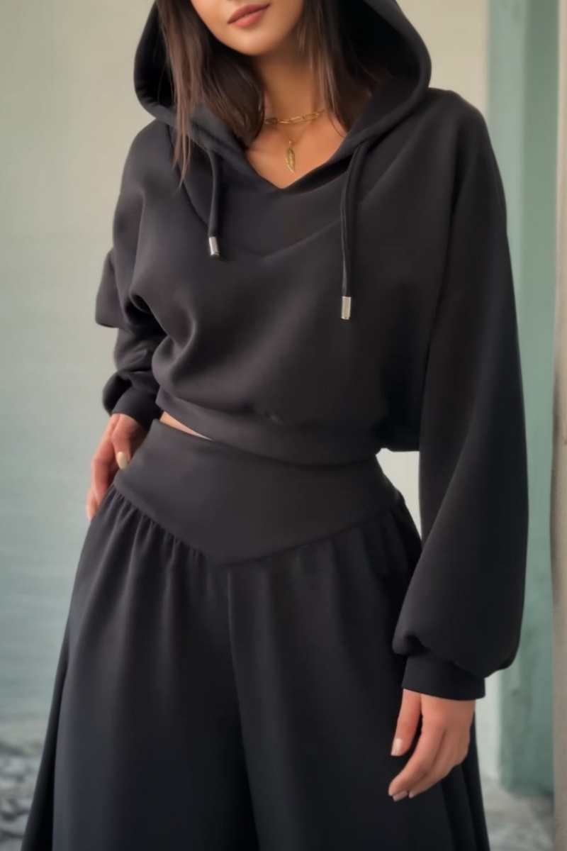 Women's New Casual Two-Piece Set: V-neck hooded long-sleeved top and high-waisted trousers (Pre-order item)