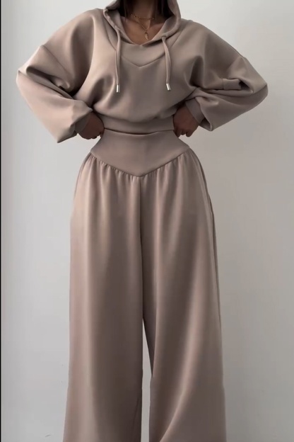 Women's New Casual Two-Piece Set: V-neck hooded long-sleeved top and high-waisted trousers (Pre-order item)