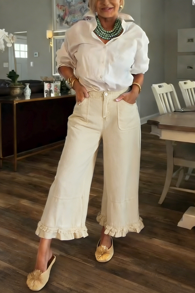 Women's fashionable casual wide-leg cropped jeans with ruffled hem