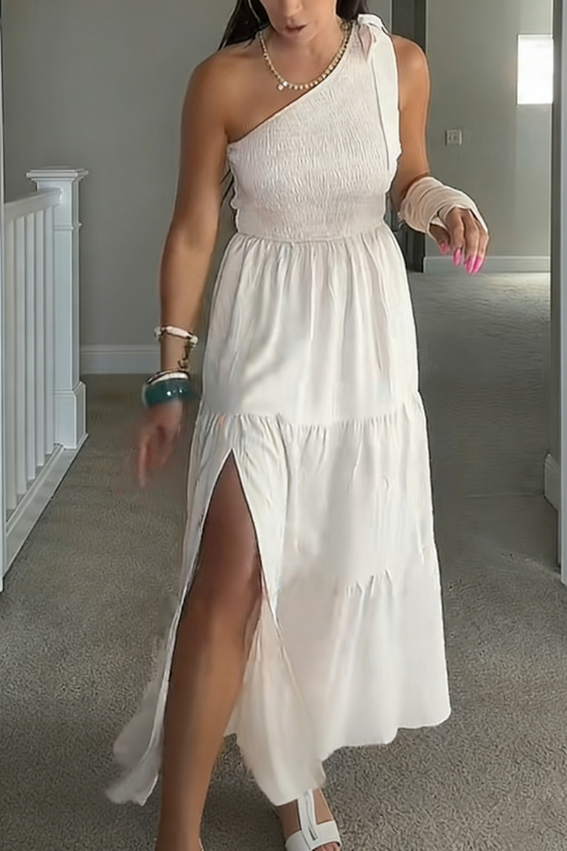 Women's Summer One-Shoulder Sleeveless Dress with Knot Detail, Ruching, and Center Slit