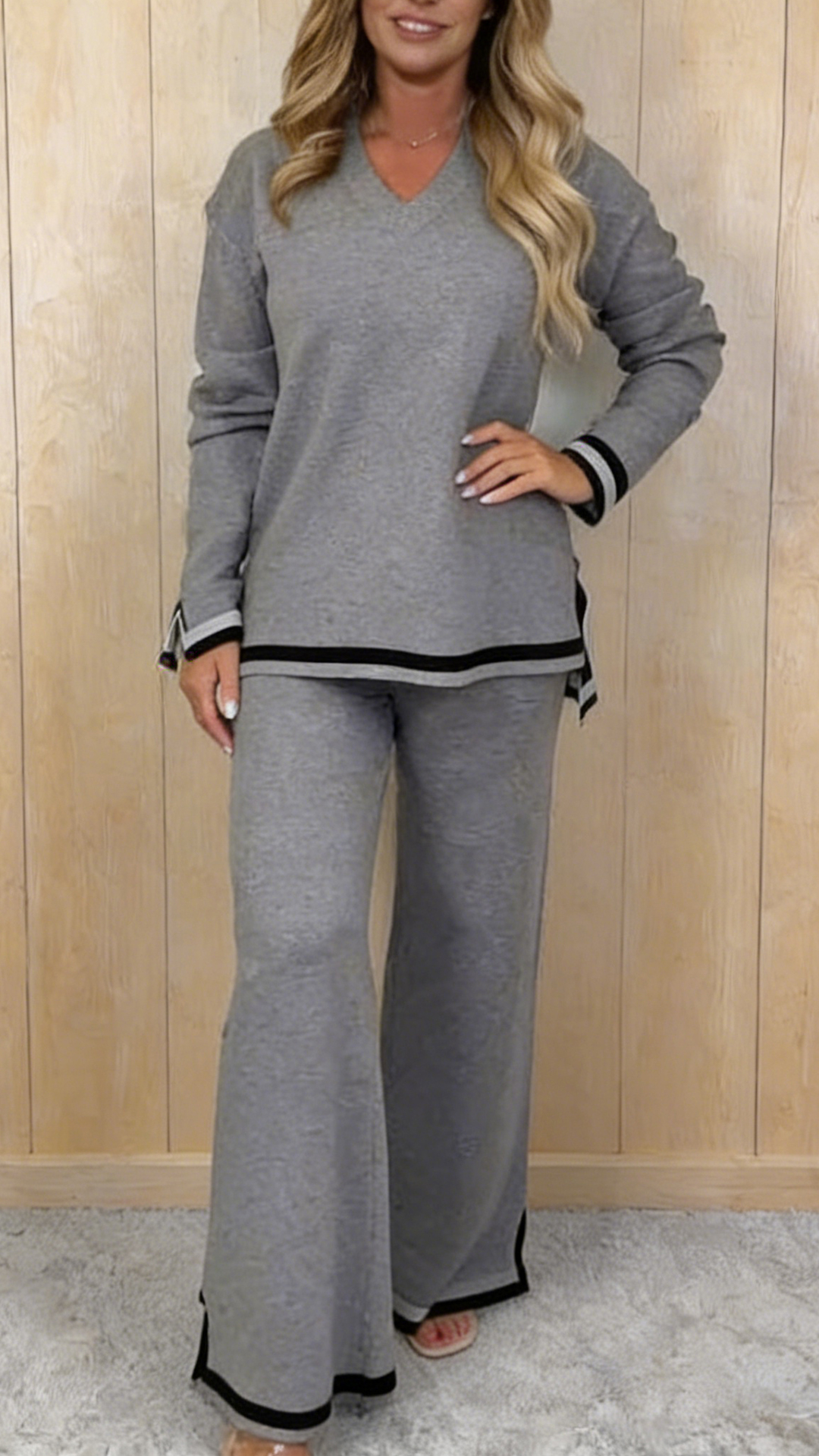 Solid Color V-neck Long-sleeved Loose Top and Elastic Waist Wide-leg Pants Set