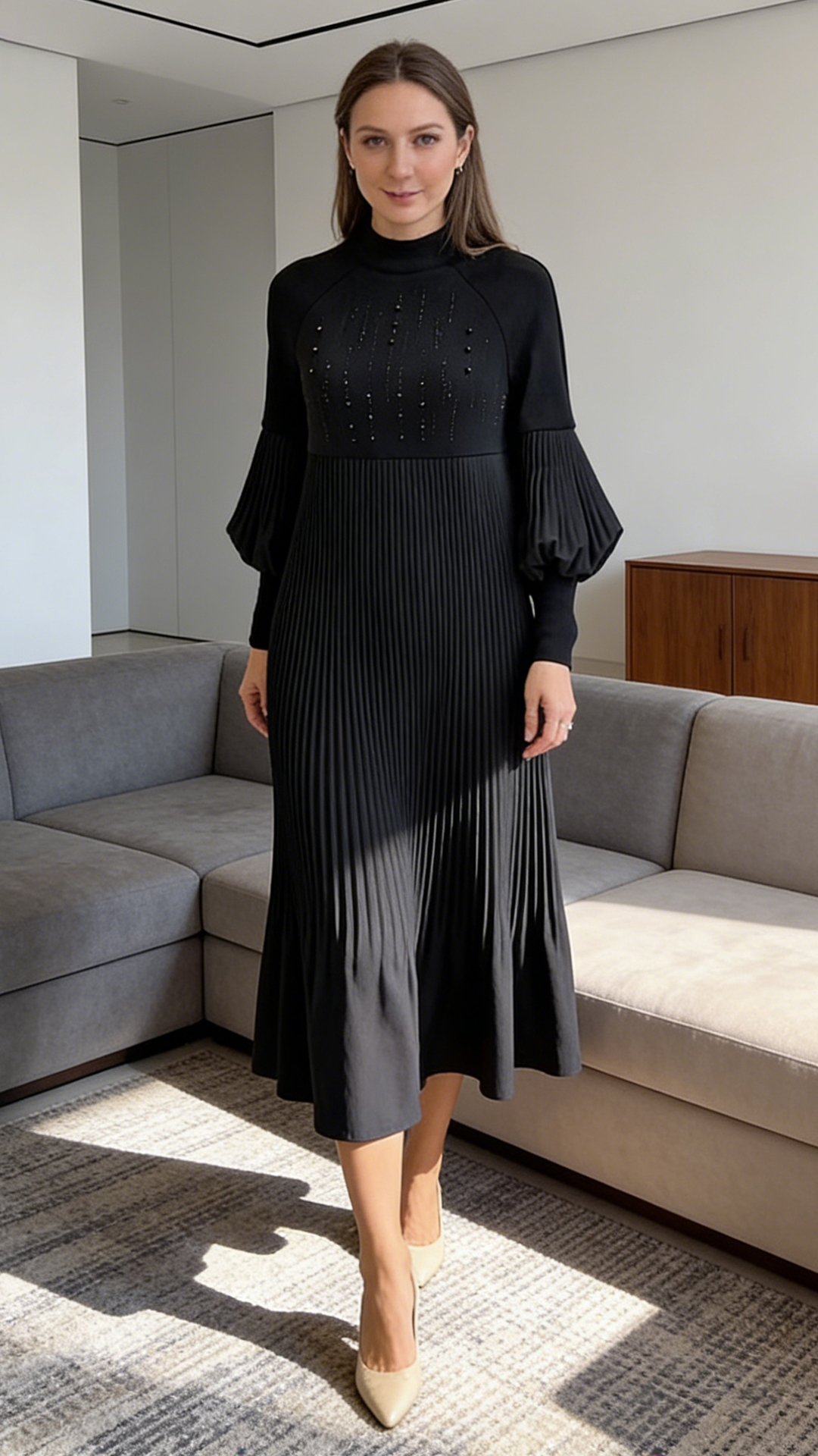 Timeless Pleated Dress with Dramatic Lantern Sleeves