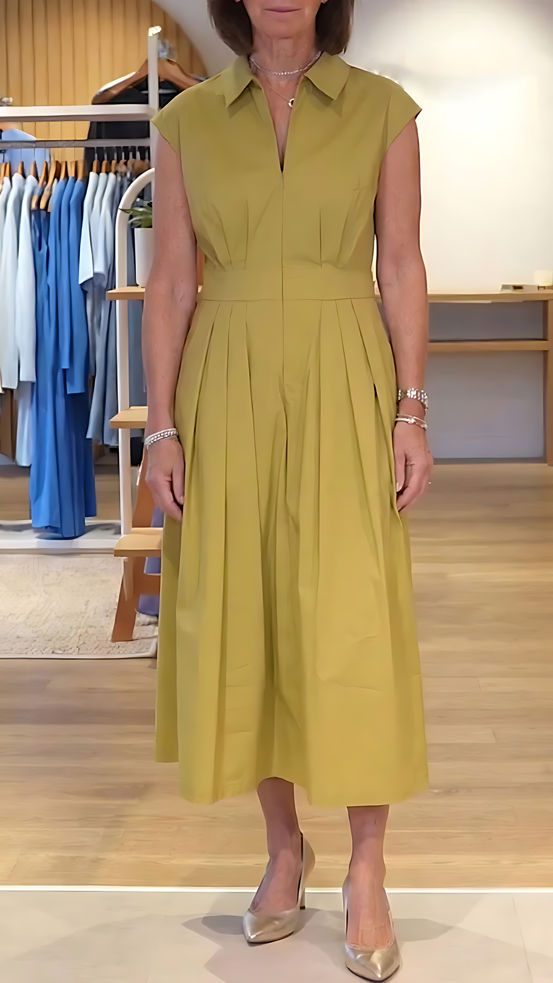 Women's Solid-color Shirt-collar Sleeveless Loose-fit Casual Cotton Dress