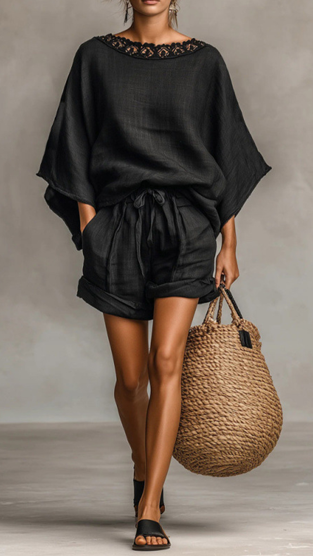 Lace Collar Batwing Sleeve Top & Drawstring Shorts Two-Piece Set