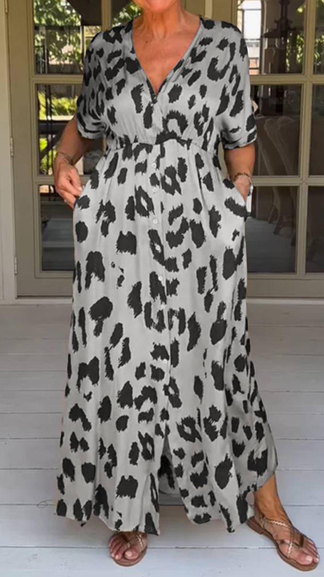Women's Leopard Print V-Neck Slim Fit Short Sleeve Long Dress