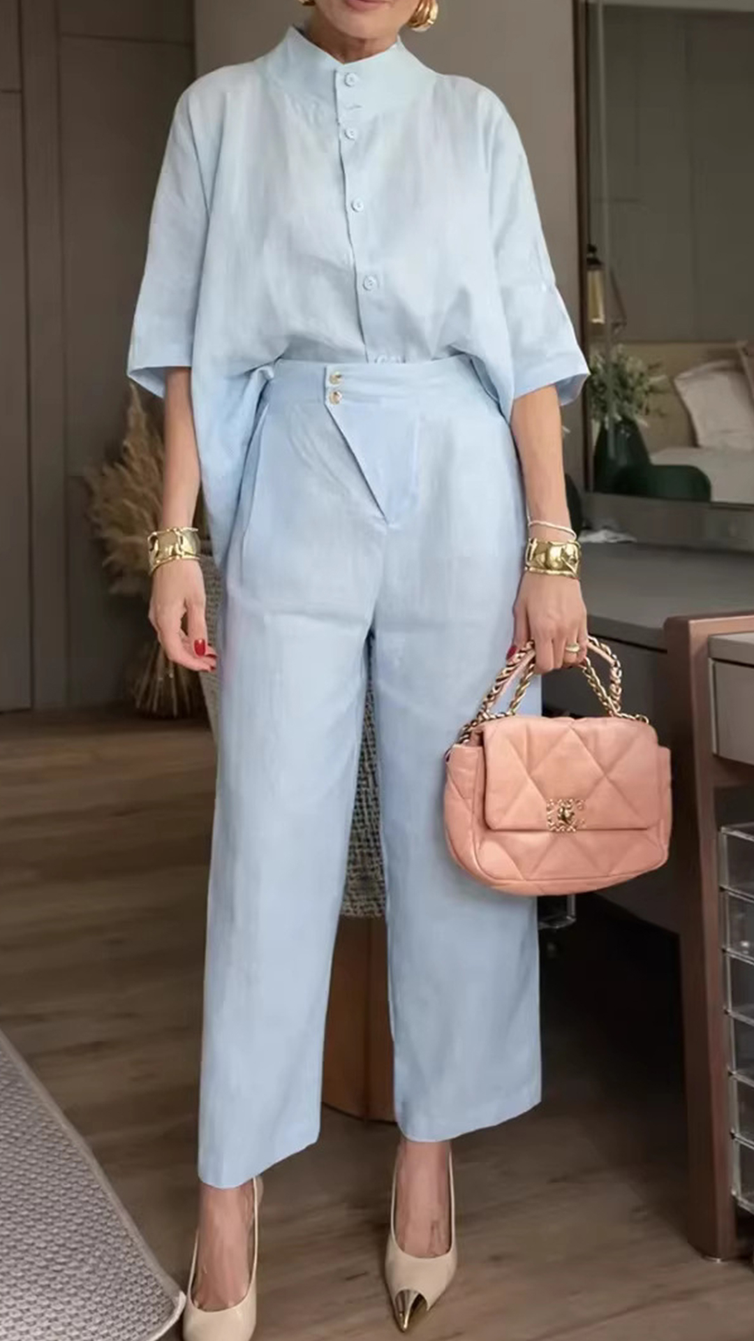 [Pre-sale] Women's Stand Collar Batwing Sleeve Linen Shirt + Wide-Leg Pants Set