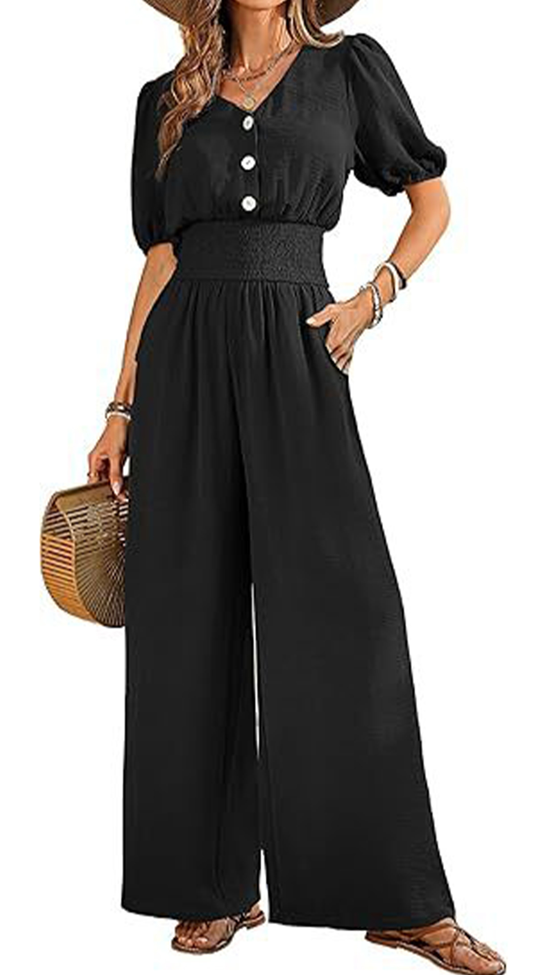 Women's V-Neck Jumpsuit with Puff Sleeves, Cinched Waist, and Wide Legs