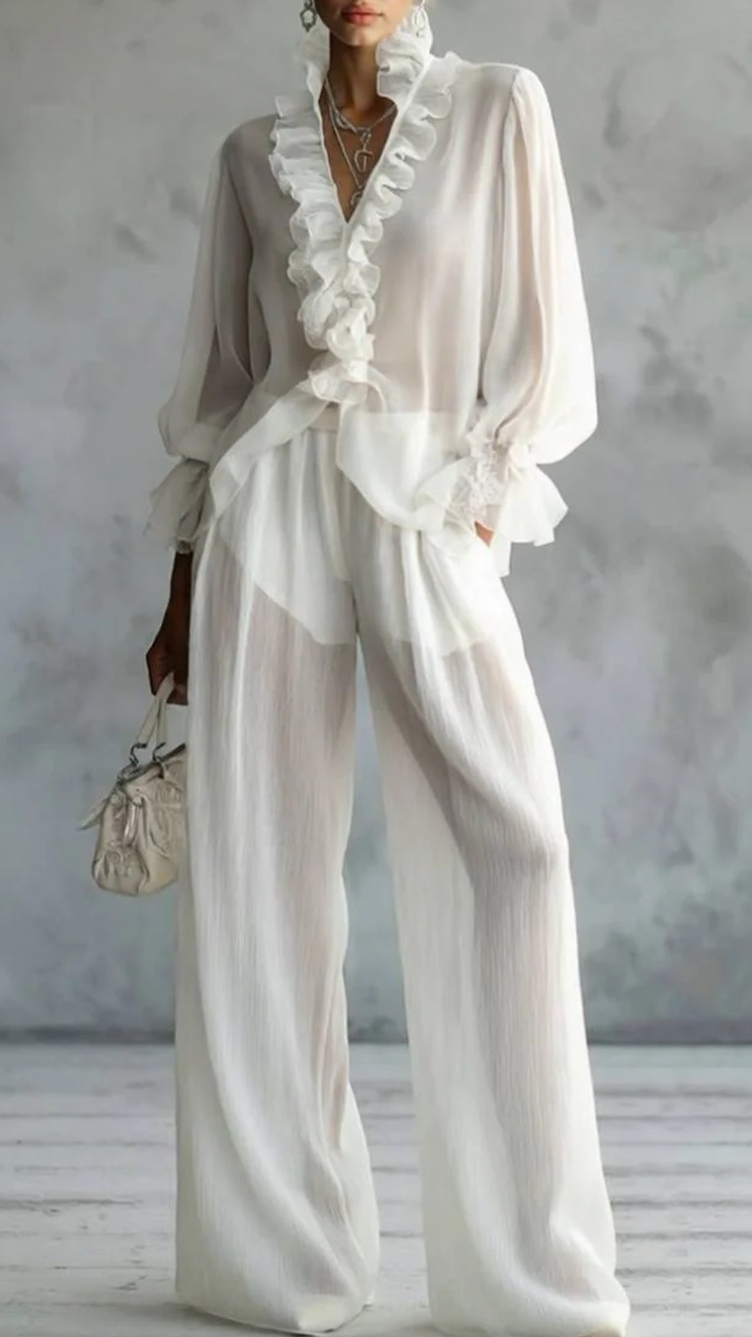 Lace Long Sleeve Shirt And Wide Leg Pants Set