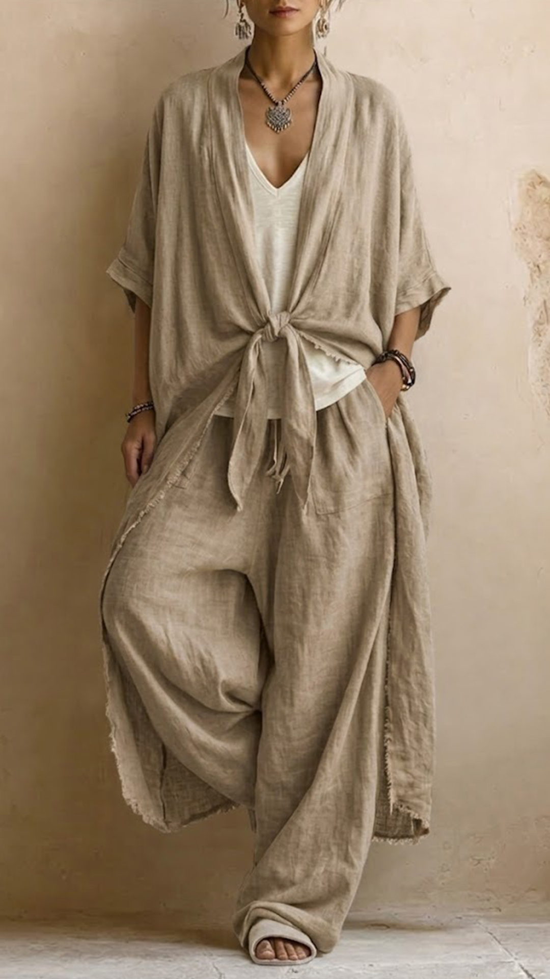 Vintage-effect Polyester Tie-front Cardigan & Wide-leg Pants Set